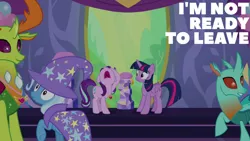 Size: 1280x720 | Tagged: safe, derpibooru import, edit, edited screencap, editor:quoterific, screencap, starlight glimmer, thorax, trixie, twilight sparkle, twilight sparkle (alicorn), alicorn, changedling, changeling, pony, unicorn, celestial advice, season 7, female, image, jpeg, king thorax, male, mare, nose in the air, open mouth, smiling, twilight's castle