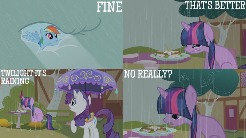 Size: 1280x720 | Tagged: safe, derpibooru import, edit, edited screencap, editor:quoterific, screencap, rainbow dash, rarity, twilight sparkle, pegasus, pony, unicorn, season 1, the ticket master, female, food, image, jpeg, mare, open mouth, rain, sandwich, umbrella, unicorn twilight, wet, wet mane