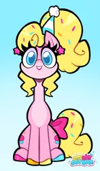 Size: 2306x3931 | Tagged: safe, artist:shyshyoctavia, derpibooru import, oc, oc:sugar sprinkles, earth pony, pony, bow, cupcake, ear piercing, earring, food, hat, image, jewelry, multicolored hooves, party, party hat, piercing, pink, png, ponytail, solo, sprinkles