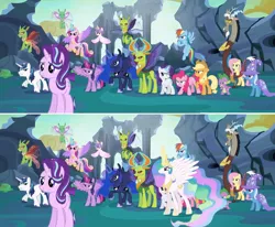Size: 824x678 | Tagged: safe, derpibooru import, screencap, applejack, discord, fluttershy, pinkie pie, princess cadance, princess celestia, princess flurry heart, princess luna, rainbow dash, rarity, shining armor, spike, starlight glimmer, thorax, trixie, twilight sparkle, twilight sparkle (alicorn), alicorn, changedling, changeling, earth pony, pegasus, pony, unicorn, season 6, to where and back again, alicorn pentarchy, angry, comparison, glare, glow, glowing horn, group shot, horn, image, king thorax, mane seven, mane six, panorama, png, reformed four, spread wings, wings