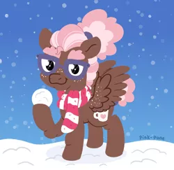 Size: 1800x1750 | Tagged: safe, artist:pink-pone, derpibooru import, oc, oc:peppermint patty, pegasus, pony, clothes, female, glasses, image, mare, png, scarf, snow, snowball, solo