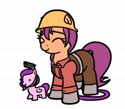 Size: 582x507 | Tagged: safe, artist:neuro, derpibooru import, pipp petals, sunny starscout, earth pony, pegasus, pony, clothes, duo, engineer, eyes closed, female, g5, gun, handgun, hard hat, hat, image, jpeg, mare, overalls, pipp is short, pistol, simple background, smol, team fortress 2, weapon