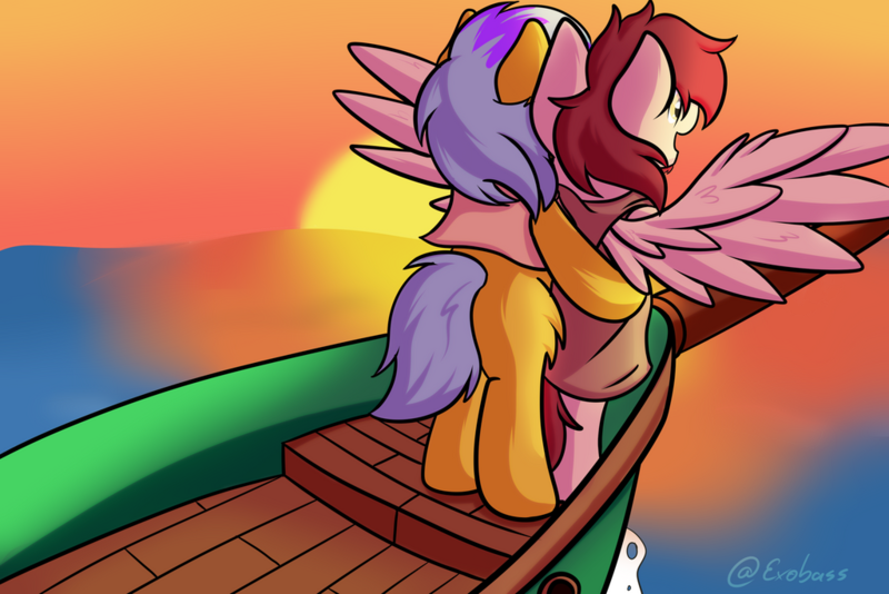 Size: 1024x683 | Tagged: safe, artist:exobass, derpibooru import, oc, oc:argon sunborn, oc:johannes bruttonos, earth pony, pegasus, pony, boat, image, pegasus oc, png, solo, sundawn, titanic, water, wings