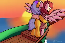 Size: 1024x683 | Tagged: safe, artist:exobass, derpibooru import, oc, oc:argon sunborn, oc:johannes bruttonos, earth pony, pegasus, pony, boat, image, pegasus oc, png, solo, sundawn, titanic, water, wings