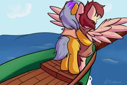 Size: 1024x683 | Tagged: safe, artist:exobass, derpibooru import, oc, oc:argon sunborn, oc:johannes bruttonos, earth pony, pegasus, pony, boat, clothes, earth pony oc, image, pegasus oc, png, solo, sundawn, titanic, water, wings