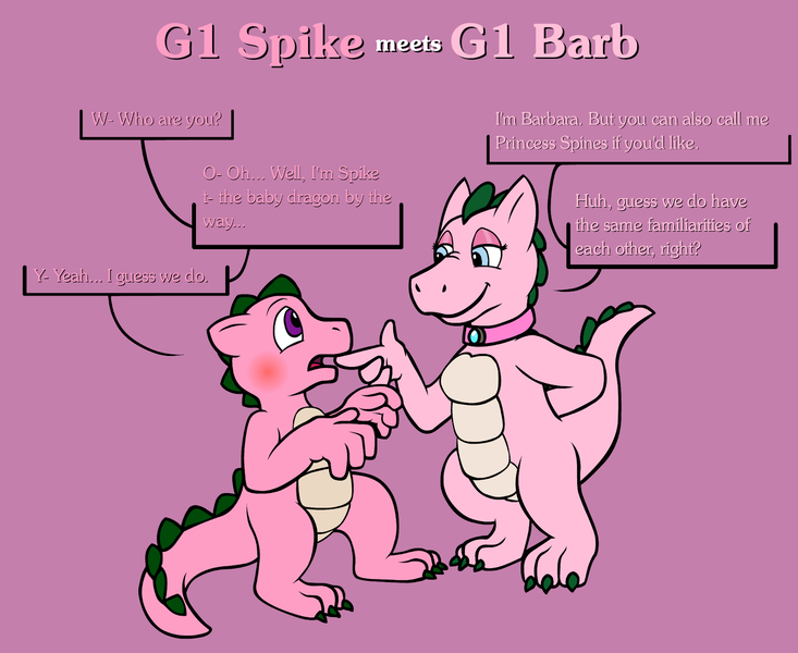 Size: 1601x1310 | Tagged: safe, artist:tarkan809, derpibooru import, spike, spike (g1), dragon, barb, blushing, collar, digital art, female, g1, g1 to g4, generation leap, image, male, png, rule 63, simple background, speech bubble, text