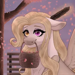 Size: 2000x2000 | Tagged: safe, artist:pokaparida, derpibooru import, oc, oc:cherry blossom, pegasus, pony, basket, female, heterochromia, image, mare, mouth hold, png, solo