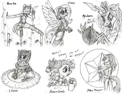 Size: 1200x929 | Tagged: suggestive, artist:sepiakeys, derpibooru import, fluttershy, pinkie pie, queen chrysalis, anthro, babmboo, cactus, clothes, dress, hydnora, image, monochrome, png, side slit, traditional art