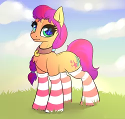 Size: 2097x2000 | Tagged: safe, artist:cornelia_nelson, derpibooru import, sunny starscout, earth pony, pony, clothes, collar, cute, female, g5, image, mare, png, smiling, socks, stockings, striped socks, thigh highs