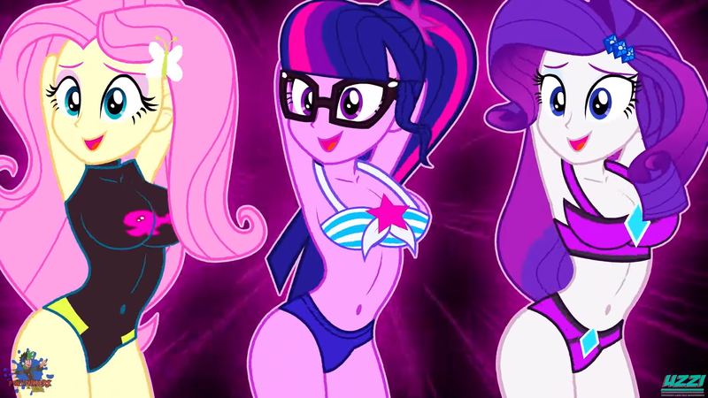 Size: 1920x1080 | Tagged: suggestive, artist:uzzi-ponydubberx, derpibooru import, edit, fluttershy, rarity, sci-twi, twilight sparkle, equestria girls, adorable face, adorasexy, adorkable, arm behind back, arm behind head, armpits, beach shorts swimsuit, belly button, big breasts, bikini, blushing, bouncing, bouncing breasts, breasts, busty fluttershy, busty rarity, busty sci-twi, butt, clothes, cute, dancing, dork, female, fluttershy's beach shorts swimsuit, freckles, glasses, hips, image, legs, looking at you, me!me!me!, open mouth, open smile, png, rarity's beach shorts swimsuit, sexy, smiling, smiling at you, stupid sexy fluttershy, stupid sexy rarity, stupid sexy sci-twi, swaying hips, swimsuit, swinging breasts, trio, trio female, youtube link, zero two (darling in the franxx)