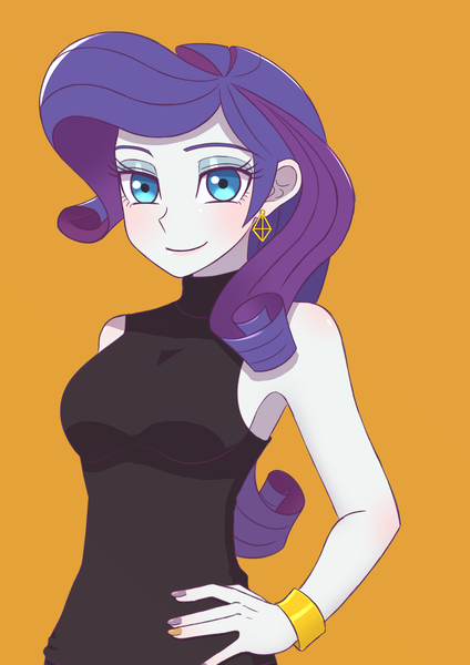 Size: 2894x4093 | Tagged: safe, artist:haibaratomoe, derpibooru import, rarity, equestria girls, bracelet, ear piercing, earring, image, jewelry, looking at you, nail polish, orange background, piercing, png, simple background, solo