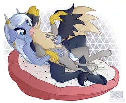 Size: 924x757 | Tagged: safe, artist:virenth, derpibooru import, oc, oc:hester, oc:nova, gryphon, minotaur, bellyrubs, female, females only, floor pillow, horn, horn ring, image, jewelry, looking pleasured, png, ring