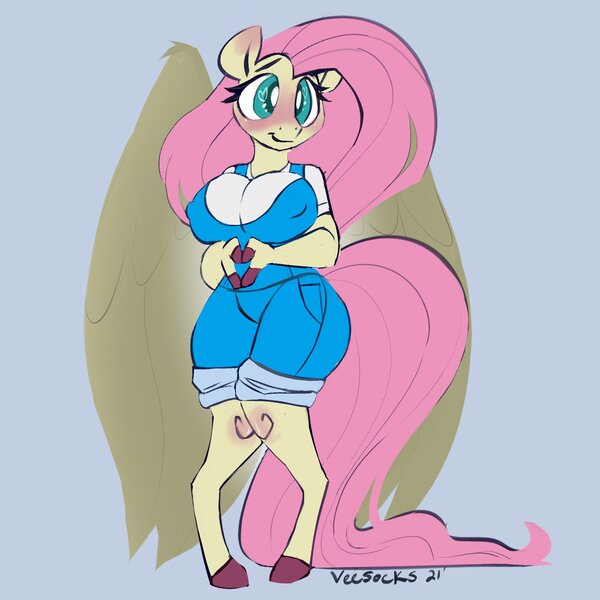 Size: 2000x2000 | Tagged: safe, artist:veesocks, derpibooru import, fluttershy, anthro, unguligrade anthro, blue background, blushing, clothes, female, image, jpeg, looking at you, overalls, simple background, solo, solo female