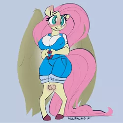 Size: 2000x2000 | Tagged: safe, artist:veesocks, derpibooru import, fluttershy, anthro, unguligrade anthro, blue background, blushing, clothes, female, image, jpeg, looking at you, overalls, simple background, solo, solo female