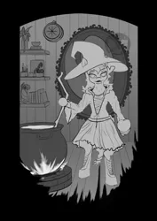 Size: 935x1323 | Tagged: safe, artist:calena, derpibooru import, part of a set, applejack, pony, semi-anthro, 2021, apple, black and white, book, boots, cauldron, clothes, commission, dress, flower, food, grayscale, halloween, hat, holiday, image, looking at you, monochrome, nightmare night, plant, plants, png, shoes, sketch, solo, witch, witch hat, wooden floor, ych sketch, your character here, your character here auction