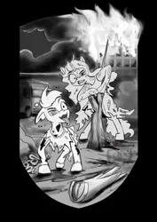 Size: 935x1323 | Tagged: semi-grimdark, artist:calena, derpibooru import, part of a set, hitch trailblazer, izzy moonbow, pony, undead, zombie, zombie pony, 2021, black and white, bone, broken horn, bush, clothes, commission, creepy, disembodied hoof, fire, g5, grayscale, halloween, holiday, horn, image, implied blood, intestines, looking at you, monochrome, nightmare night, organs, png, rock, sketch, tongue out, torn clothes, van, ych sketch, your character here, your character here auction