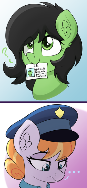 Size: 1812x3916 | Tagged: safe, artist:czu, derpibooru import, copper top, oc, oc:anonfilly, earth pony, pony, ..., black mane, ear fluff, earth pony oc, eye clipping through hair, eyebrows, eyebrows visible through hair, female, filly, hat, id card, image, lidded eyes, mare, mouth hold, png, question mark, raised eyebrow, two toned mane, unamused