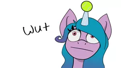 Size: 1920x1080 | Tagged: safe, derpibooru import, izzy moonbow, pony, unicorn, :|, ball, bust, female, g5, gradient mane, horn, horn guard, hornball, image, izzy's tennis ball, mare, png, portrait, reaction image, simple background, solo, tennis ball, white background, wut face