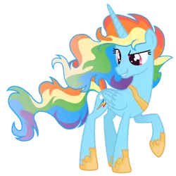 Size: 1280x1280 | Tagged: safe, artist:magicuniclaws, derpibooru import, rainbow dash, alicorn, pony, alicornified, female, folded wings, full body, hoof shoes, horn, image, mare, multicolored hair, multicolored mane, multicolored tail, png, race swap, rainbow hair, rainbow tail, rainbowcorn, raised hoof, simple background, smiling, solo, standing, tail, transparent background, wings