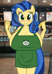 Size: 1200x1700 | Tagged: suggestive, artist:flash equestria photography, derpibooru import, oc, oc:milky way, anthro, apron, big breasts, breast milk meme, breasts, clothes, huge breasts, image, impossibly large breasts, png, starbucks