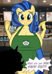 Size: 1200x1700 | Tagged: suggestive, artist:flash equestria photography, derpibooru import, oc, oc:brann flakes, oc:milky way, unofficial characters only, anthro, apron, big breasts, breast milk meme, breasts, clothes, huge breasts, image, impossibly large breasts, png, starbucks