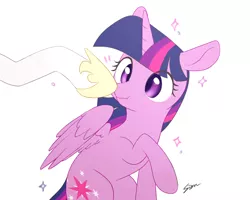 Size: 1000x800 | Tagged: safe, artist:sion, derpibooru import, princess celestia, twilight sparkle, twilight sparkle (alicorn), alicorn, pony, boop, cute, disembodied hoof, female, image, mare, noseboop, offscreen character, png, ponytober, scrunchy face, simple background, twiabetes, white background