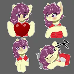 Size: 2000x2000 | Tagged: safe, artist:falses, derpibooru import, oc, oc:starfruit fritter, pony, blushing, clothes, commission, cute, female, heart, hug, image, jacket, jpeg, looking at you, looking down, mare, piercing, pillow, pillow hug, shirt, simple background, sleeping, sleepy, smiling, smiling at you, solo, sticker, t-shirt, ych result