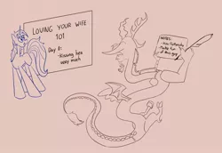 Size: 1929x1330 | Tagged: safe, artist:aragoncomics, derpibooru import, discord, shining armor, draconequus, pony, unicorn, antlers, horn, image, implied discoshy, implied marriage, implied shipping, implied straight, jpeg, learning, notes, sketch, story included, teacher and student, troll, writing