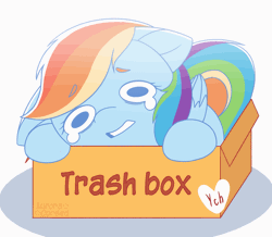 Size: 1591x1385 | Tagged: safe, artist:auroracursed, derpibooru import, rainbow dash, pegasus, pony, animated, box, cute, dashabetes, eyebrows, eyebrows visible through hair, female, floppy ears, folded wings, gif, image, mare, multicolored hair, multicolored mane, multicolored tail, no pupils, pony in a box, rainbow hair, rainbow tail, shadow, simple background, solo, tail, teary eyes, teeth, trash, white background, wings