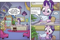 Size: 1846x1236 | Tagged: safe, artist:michela cacciatore, derpibooru import, idw, phyllis, starlight glimmer, unicorn, spoiler:comic, spoiler:comicgenerations01, chair, comic, desk, envelope, female, holy hand grenade, image, letter, mail, my little pony: generations, plant, png, pun, school of friendship, smiling, starlight's office, stool