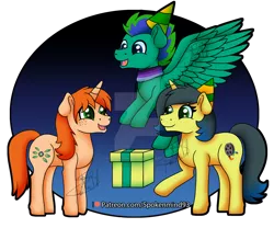 Size: 1920x1600 | Tagged: safe, artist:spokenmind93, derpibooru import, oc, oc:chrystine mirage, oc:gale twister, oc:pauly sentry, unofficial characters only, birthday, hat, image, party hat, png, present