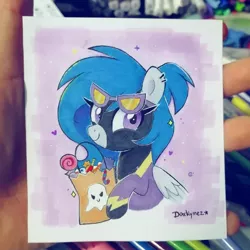 Size: 1080x1080 | Tagged: safe, artist:darkynez, derpibooru import, oc, oc:spooky glare, unofficial characters only, pegasus, bag, candy, clothes, costume, disguise, food, halloween, halloween costume, holiday, image, jpeg, shadowbolts costume, traditional art