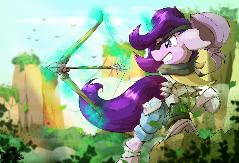 Size: 2215x1516 | Tagged: safe, artist:rainihorn, derpibooru import, starlight glimmer, bird, angry, arrow, bow (weapon), canyon, dust, eyepatch, forest, image, leaves, pipbuck, png, post-apocalyptic, rock, tree