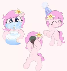 Size: 3277x3494 | Tagged: safe, artist:maxisb8, derpibooru import, oc, oc:kayla, unofficial characters only, earth pony, pony, birthday, cake, dancing, drinking, eating, female, filly, flower, flower in hair, food, image, png, smiling, solo