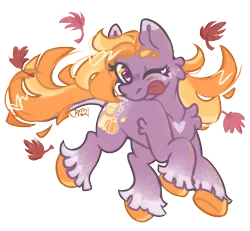 Size: 1272x1174 | Tagged: safe, artist:plushiepoms, derpibooru import, autumn crisp, earth pony, pony, autumn, blonde, fanart, fluffy, g3, heart mark, image, leaves, leaves in hair, one eye closed, orange hair, png, purple coat, simple background, solo, tongue out, transparent background, unshorn fetlocks, wink
