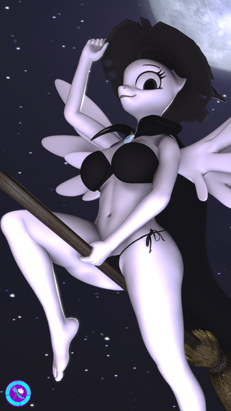 Size: 2160x3840 | Tagged: suggestive, artist:pootanger_sfm, derpibooru import, anthro, plantigrade anthro, 3d, barefoot, breasts, broom, clothes, commission, costume, feet, flying, flying broomstick, halloween, halloween costume, hat, holiday, horn, image, looking at you, looking down, moon, night, png, source filmmaker, witch, witch hat, your character here