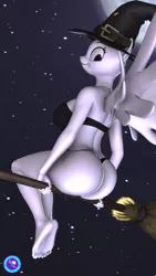 Size: 2160x3840 | Tagged: suggestive, artist:pootanger_sfm, derpibooru import, anthro, plantigrade anthro, 3d, ass, barefoot, big breasts, breasts, broom, butt, clothes, commission, costume, feet, female, flying, flying broomstick, halloween, halloween costume, hat, high res, holiday, horn, image, large butt, looking at you, looking back, looking back at you, looking down, looking over shoulder, moon, night, png, smiling, smiling at you, soles, solo, solo female, source filmmaker, witch, witch hat, your character here