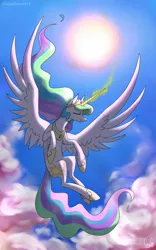 Size: 1200x1920 | Tagged: safe, artist:glassygreatart, derpibooru import, princess celestia, alicorn, pony, female, flying, glow, glowing horn, horn, image, jpeg, sky, solo