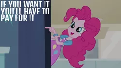 Size: 1920x1080 | Tagged: safe, derpibooru import, edit, edited screencap, editor:quoterific, screencap, pinkie pie, equestria girls, guitar centered, caption, female, image, png, pointing, solo, text