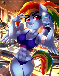 Size: 1920x2445 | Tagged: suggestive, artist:amanddica, derpibooru import, rainbow dash, anthro, abs, breasts, cleavage, clothes, female, gym, image, jpeg, muscles, panties, photo, selfie, smiling, solo, solo female, underwear, wide hips, workout, workout outfit