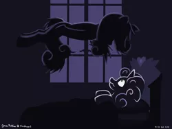 Size: 2400x1800 | Tagged: safe, artist:rockhoppr3, derpibooru import, sweetie belle, ghost, pony, undead, unicorn, bed, creepy, image, png, scared, silhouette, the haunting of hill house, window