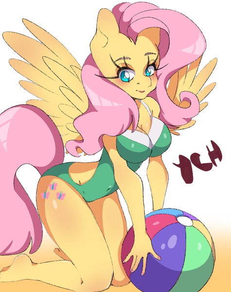 Size: 1621x2048 | Tagged: source needed, useless source url, suggestive, artist:dezmi, derpibooru import, fluttershy, anthro, pegasus, beach ball, blushing, breasts, busty fluttershy, cleavage, clothes, commission, female, image, jpeg, one-piece swimsuit, solo, solo female, spread wings, swimsuit, wings, ych example, your character here