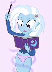 Size: 2792x3872 | Tagged: suggestive, artist:daarkenn, derpibooru import, trixie, equestria girls, adorasexy, beautiful, blushing, book, clothes, cute, diatrixes, disappearing clothes, embarrassed, embarrassed underwear exposure, female, image, legs together, magic, magic wand, panties, pink panties, pink underwear, png, sexy, solo, solo female, spell gone wrong, star print underwear, underwear