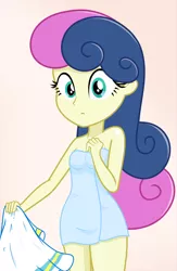 Size: 2538x3895 | Tagged: safe, artist:daarkenn, derpibooru import, bon bon, sweetie drops, equestria girls, adorabon, bare shoulders, clothes, cute, dress, image, pink background, png, simple background, solo, towel