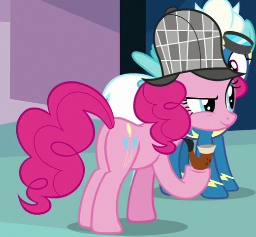 Size: 520x480 | Tagged: safe, derpibooru import, edit, edited screencap, screencap, fleetfoot, pinkie pie, earth pony, pegasus, pony, secrets and pies, butt, cropped, deerstalker, detective, female, hat, image, jpeg, pipe, plot, raised eyebrow, sherlock holmes, sherlock pie, smiling