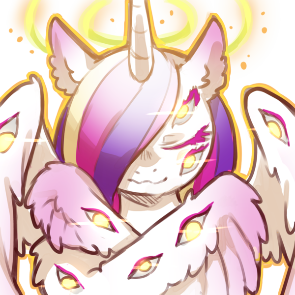 Size: 1159x1159 | Tagged: safe, artist:cold-blooded-twilight, derpibooru import, princess cadance, angel, biblically accurate angels, colored wings, eyes closed, glow, glowing eyes, halloween, halo, holiday, image, looking at you, many eyes, multicolored wings, multiple wings, png, simple background, smiling, transparent background, wings