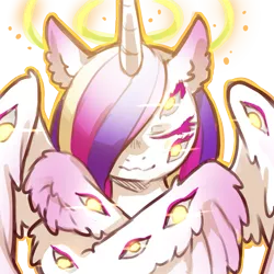 Size: 1159x1159 | Tagged: safe, artist:cold-blooded-twilight, derpibooru import, princess cadance, angel, biblically accurate angels, colored wings, eyes closed, glow, glowing eyes, halloween, halo, holiday, image, looking at you, many eyes, multicolored wings, multiple wings, png, simple background, smiling, transparent background, wings