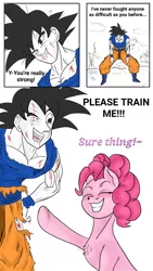 Size: 1080x1920 | Tagged: safe, artist:dbzxking, derpibooru import, pinkie pie, earth pony, pony, saiyan, battle damage, blood, clothes, colored, comic, comic page, crossover, cute, diapinkes, dragon ball z, eyes closed, female, friendship, goku, goku being goku, grin, happy, image, invincible pinkie, muscles, pinkie being pinkie, png, post fight, raised hoof, running gag, shading, simple background, smiling, sparring, strong pinkie, text, torn clothes, white background