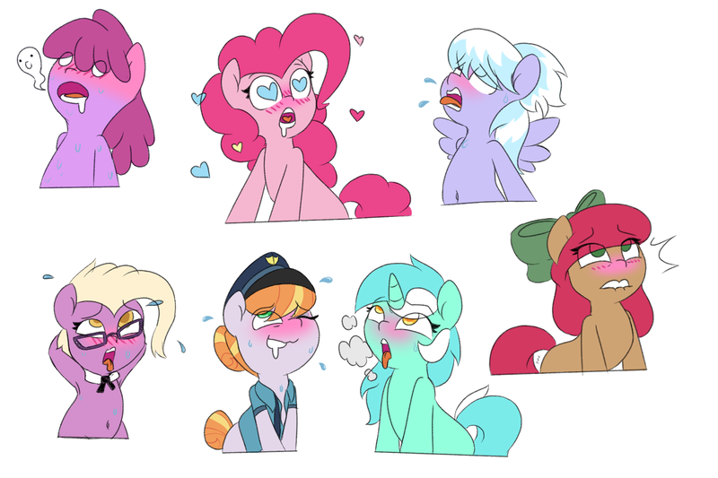 Size: 1500x1000 | Tagged: suggestive, artist:lockheart, derpibooru import, berry punch, berryshine, cloudchaser, copper top, grace manewitz, lyra heartstrings, pinkie pie, oc, oc:cherry sweetheart, pony, unicorn, ahegao, arm behind head, armpits, bedroom eyes, belly button, blushing, bow, clothes, drool, drool string, eyes rolling back, female, females only, glasses, hair bow, hair bun, hat, heart, heart eyes, image, lip bite, mare, necktie, not porn, open mouth, pant, panting, png, police officer, police pony, police uniform, shirt, simple background, sneezing, sweat, sweatdrop, sweatdrops, sweating profusely, tongue out, uniform, white background, wingding eyes