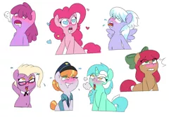 Size: 1500x1000 | Tagged: suggestive, artist:lockheart, derpibooru import, berry punch, berryshine, cloudchaser, copper top, grace manewitz, lyra heartstrings, pinkie pie, oc, oc:cherry sweetheart, pony, unicorn, ahegao, arm behind head, armpits, bedroom eyes, belly button, blushing, bow, clothes, drool, drool string, eyes rolling back, female, females only, glasses, hair bow, hair bun, hat, heart, heart eyes, image, lip bite, mare, necktie, not porn, open mouth, pant, panting, png, police officer, police pony, police uniform, shirt, simple background, sneezing, sweat, sweatdrop, sweatdrops, sweating profusely, tongue out, uniform, white background, wingding eyes
